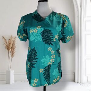 Vintage Royal Creations Scrub Top Size S Blue Hawaiian Floral Leaf Print Tiki